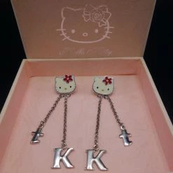 Hello Kitty Schmuck Ohrstecker Mit Kettchen Kt 925 Silber Rot